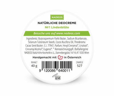 NADEOS Natürliche Deocreme №1 Lindenblüte, weißer runder Dosendeckel mit grünen Akzenten, Zutatenliste und 40 g Füllmenge