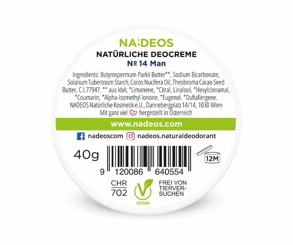 Rundes weiß-grünes Etikett der NADEOS Natürlichen Deocreme Nr. 14 Man, 40 g, mit Inhaltsstoffen, Vegan-Siegel und Barcode