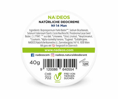 Rundes weiß-grünes Etikett der NADEOS Natürlichen Deocreme Nr. 14 Man, 40 g, mit Inhaltsstoffen, Vegan-Siegel und Barcode