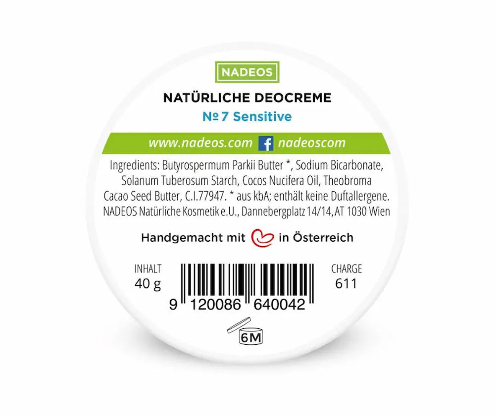 Runder Deckel der NADEOS Natürlichen Deocreme № 7 Sensitive mit Zutatenliste, 40 g Inhalt und Barcode in Draufsicht