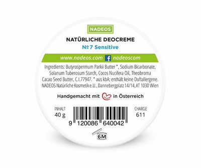Runder Deckel der NADEOS Natürlichen Deocreme № 7 Sensitive mit Zutatenliste, 40 g Inhalt und Barcode in Draufsicht