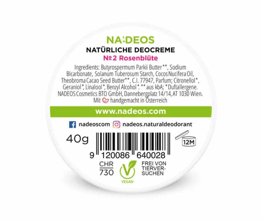 Rundes Etikett der NADEOS Natürlichen Deocreme №2 Rosenblüte, 40 g, mit Zutatenliste, Barcode sowie Vegan- und Tierversuchsfrei-Hinweis
