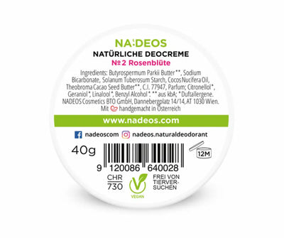 Rundes Etikett der NADEOS Natürlichen Deocreme №2 Rosenblüte, 40 g, mit Zutatenliste, Barcode sowie Vegan- und Tierversuchsfrei-Hinweis