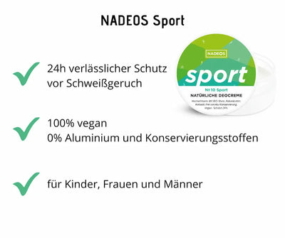 NADEOS Sport Nr. 10 natürliche Deocreme in grüner Dose, Infografik mit Hinweisen zu 24h Schutz, vegan und ohne Aluminium