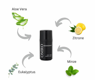 OMRO Deodorant Only Men Rebels Only in schwarzer Flasche, umgeben von Aloe Vera, Zitrone, Minze und Eukalyptus als Inhaltsstoffe