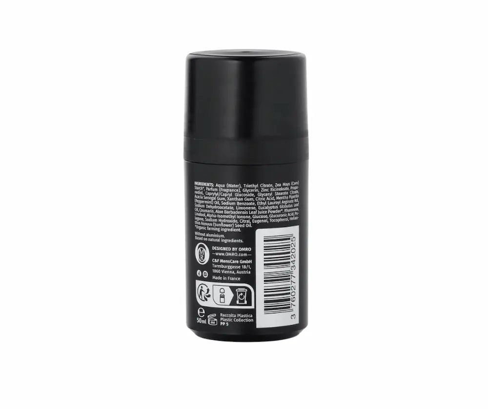 Schwarzes Deodorant Roll-on von OMRO, 50 ml, Rückansicht mit Inhaltsstoffen, Barcode und Herstellerangaben.