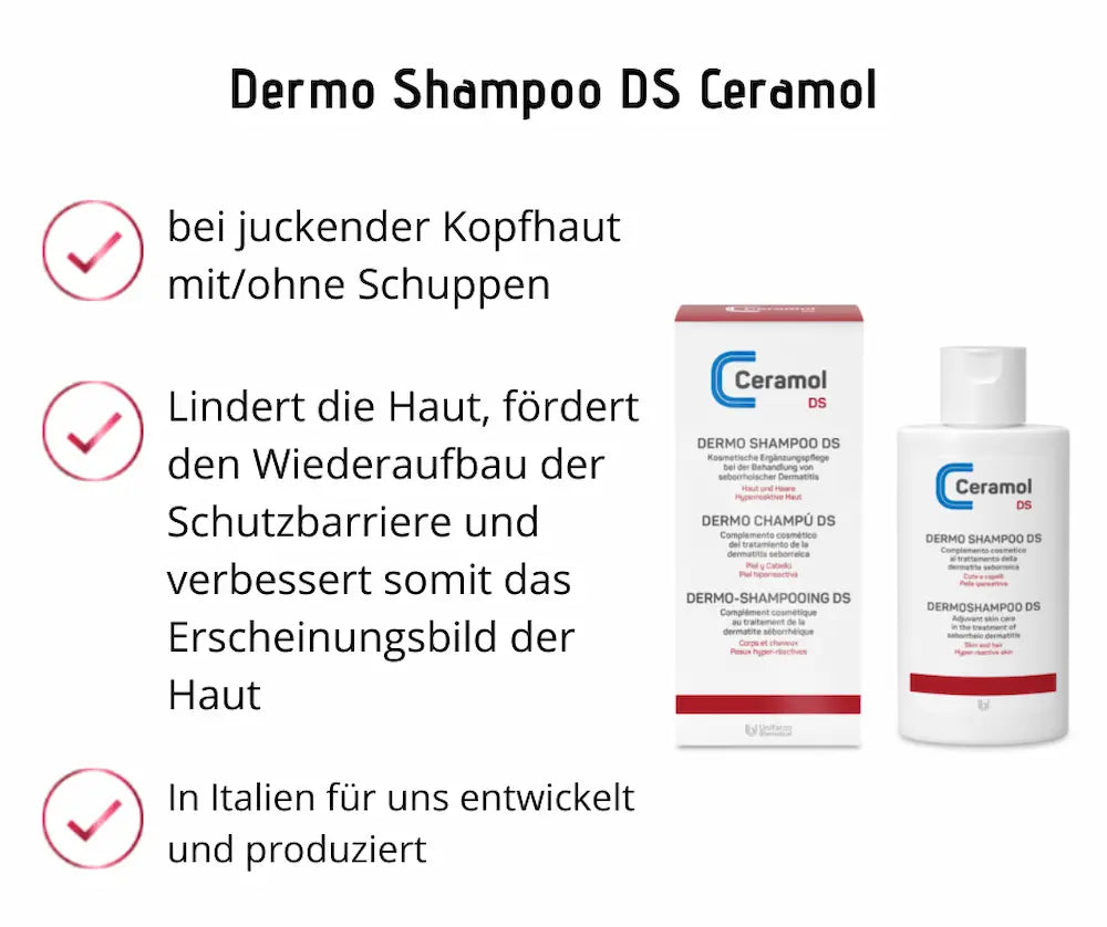 Infografik zum Dermo Shampoo DS von Ceramol mit Faltschachtel und Flasche, Hinweisen zu juckender Kopfhaut, Schuppen und Hautschutzbarriere