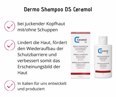 Infografik zum Dermo Shampoo DS von Ceramol mit Faltschachtel und Flasche, Hinweisen zu juckender Kopfhaut, Schuppen und Hautschutzbarriere
