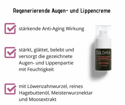 Dolomia regenerierende Augen- und Lippencreme im dunklen Pumpspender, Infografik mit Anti-Aging-Wirkung, Pflegehinweisen und Inhaltsstoffen