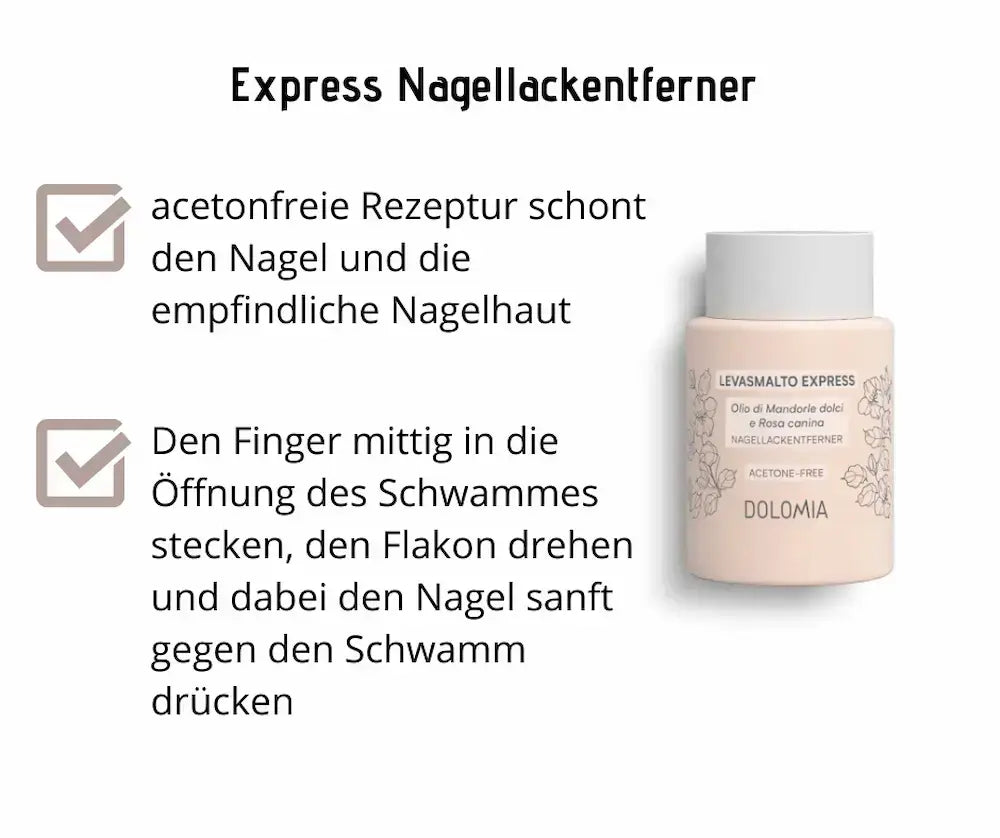 Express Nagellackentferner von Dolomia im rosa Flakon mit weißem Deckel, acetonfreie Rezeptur, Infografik mit Anwendungshinweisen