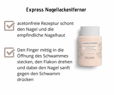 Express Nagellackentferner von Dolomia im rosa Flakon mit weißem Deckel, acetonfreie Rezeptur, Infografik mit Anwendungshinweisen
