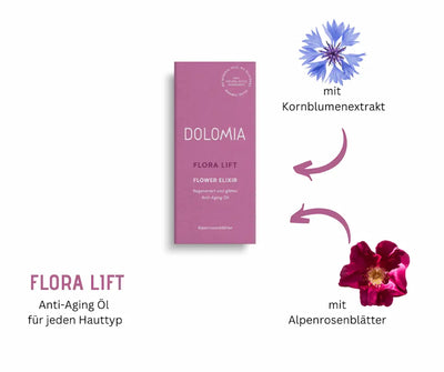 Dolomia Flora Lift Flower Elixir Anti-Aging Öl in lila Verpackung mit Kornblumenextrakt und Alpenrosenblättern