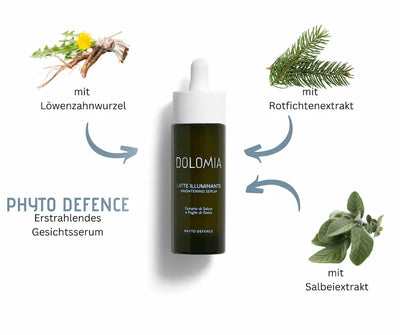 Dolomia Latte Illuminante Brightening Serum in dunkler Tropfflasche, umgeben von Löwenzahnwurzel-, Rotfichten- und Salbeiextrakt