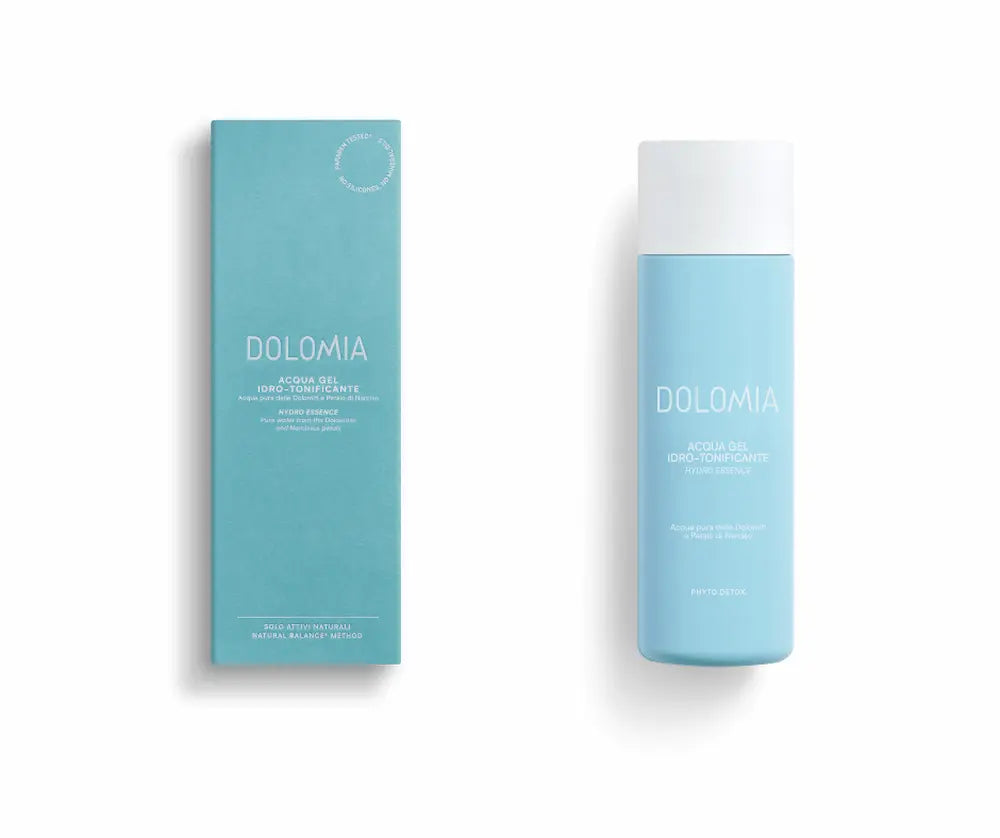 Dolomia Acqua Gel Idro-Tonificante Hydro Essence, hellblaue Flasche mit weißem Deckel neben türkiser Faltschachtel