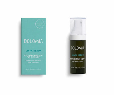 Dolomia Linfa Detox Pflegekonzentrat für die Nacht mit türkiser Faltschachtel und dunkler Pumpflasche, Vorderansicht
