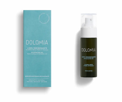 DOLOMIA Linfa Ossigenante Oxygenating Gel im dunkelgrünen Pumpspender neben türkiser Faltschachtel, Vorderansicht