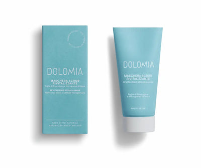 Dolomia Maschera Scrub Rivitalizzante, revitalisierende Peeling-Maske, hellblaue Tube mit weißem Verschluss neben Faltschachtel