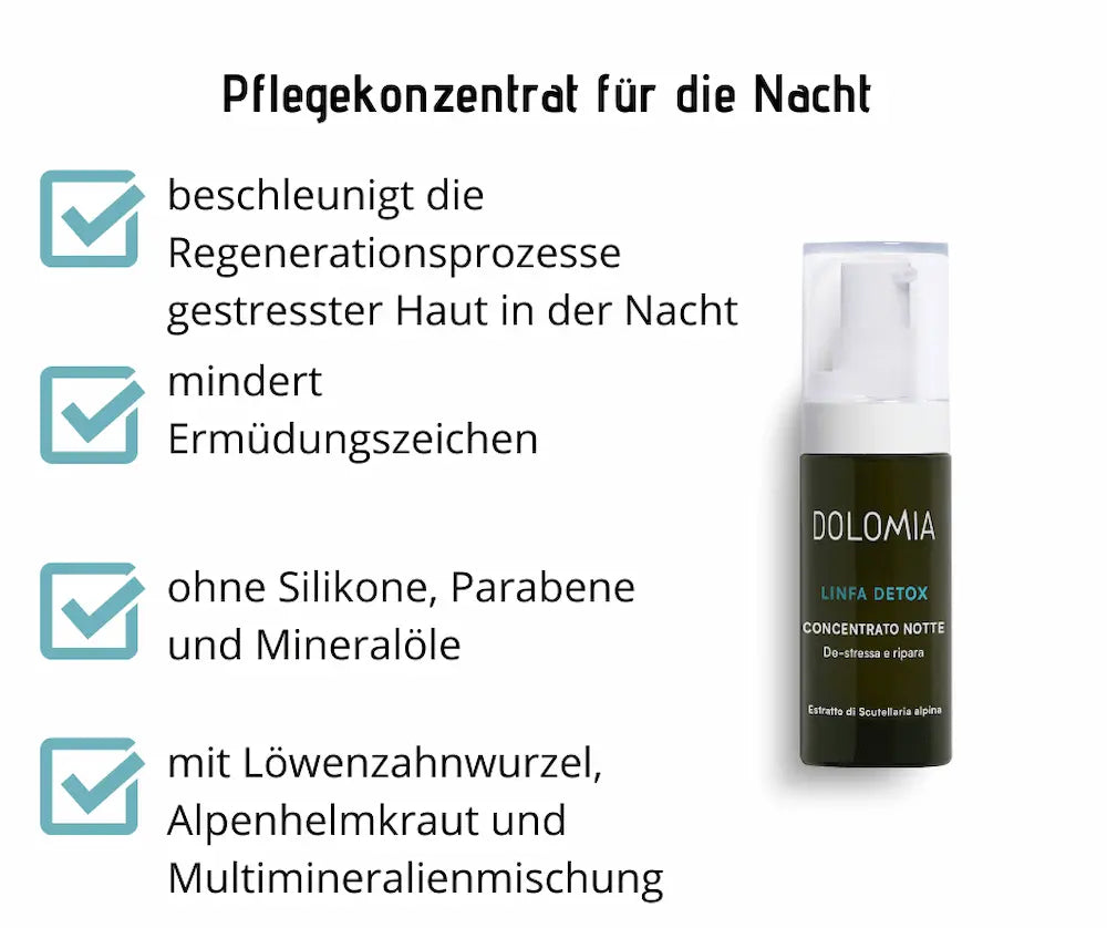 Dolomia Linfa Detox Concentrato Notte Pflegekonzentrat für die Nacht in dunkler Pumpflasche, ohne Silikone, Parabene und Mineralöle