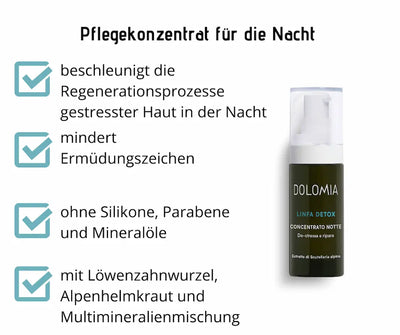 Dolomia Linfa Detox Concentrato Notte Pflegekonzentrat für die Nacht in dunkler Pumpflasche, ohne Silikone, Parabene und Mineralöle