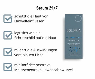 Infografik zu Dolomia Phyto Defence+ Émulsion 24/7 mit vier Vorteilen: Schutz vor Umwelteinflüssen, Schutzschild, Schutz vor blauem Licht, Pflanzenextrakte