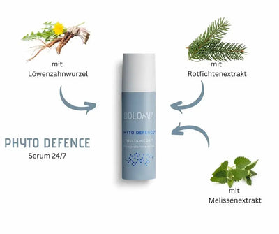 Dolomia Phyto Defence Serum 24/7 Emulsione in blauer Pumpflasche mit Löwenzahnwurzel, Rotfichtenextrakt und Melissenextrakt