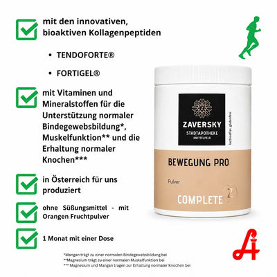 Zaversky Complete Z Bewegung Pro Pulverdose mit Infografik zu Kollagenpeptiden, Vitaminen und Mineralstoffen, lactose- und glutenfrei