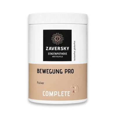 Zaversky Bewegung Pro Complete Pulverdose, weiß mit beigem Etikett, Hinweis lactosefrei und glutenfrei, Vorderansicht
