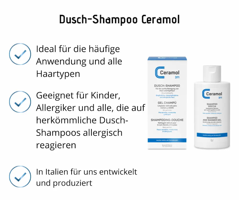 Infografik zum Dusch-Shampoo Ceramol 311 mit Verpackung und Flasche sowie Vorteilen wie sanfte Reinigung und Eignung für Allergiker