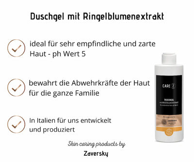 Care Z Duschgel mit Ringelblumenextrakt in weißer Flasche mit schwarzem Etikett, Produktgrafik mit drei Vorteilen, Zaversky