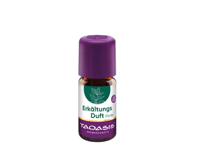 Taoasis Erkältungs Duft Forte ätherisches Öl in brauner Glasflasche mit violettem Deckel und Bio-Siegel, Vorderansicht