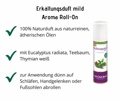 Taoasis Aroma Roll-On „Erkältungsduft mild" mit weißer Kappe, Infografik mit Hinweisen zu Naturduft, ätherischen Ölen und Anwendung