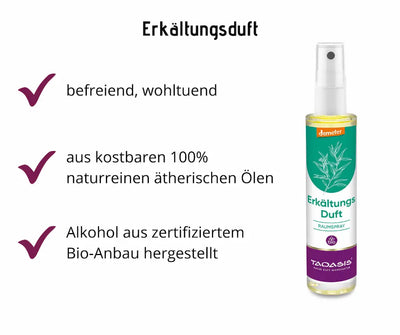 Taoasis Erkältungsduft Raumspray in Pumpsprühflasche mit grün-weiß-violettem Etikett, Demeter- und Bio-Logo, Infografik mit Vorteilen zu ätherischen Ölen