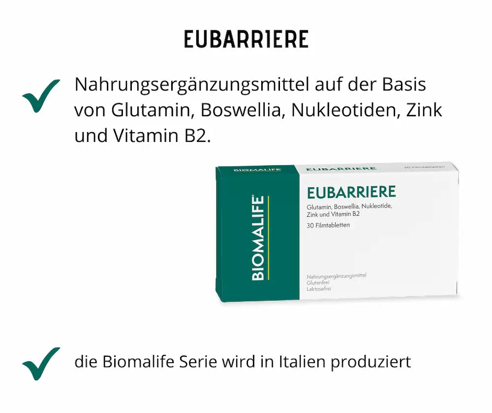 Eubarriere von Biomalife, Packung mit 30 Filmtabletten, Nahrungsergänzungsmittel mit Glutamin, Boswellia, Nukleotiden, Zink und Vitamin B2, glutenfrei und laktosefrei.