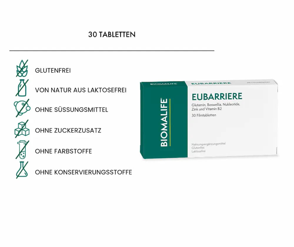 Biomalife Eubarriere Verpackung mit 30 Filmtabletten, Glutamin, Boswellia, Nukleotide, Zink und Vitamin B2, glutenfrei und laktosefrei