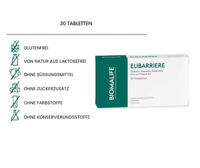 Biomalife Eubarriere Verpackung mit 30 Filmtabletten, Glutamin, Boswellia, Nukleotide, Zink und Vitamin B2, glutenfrei und laktosefrei