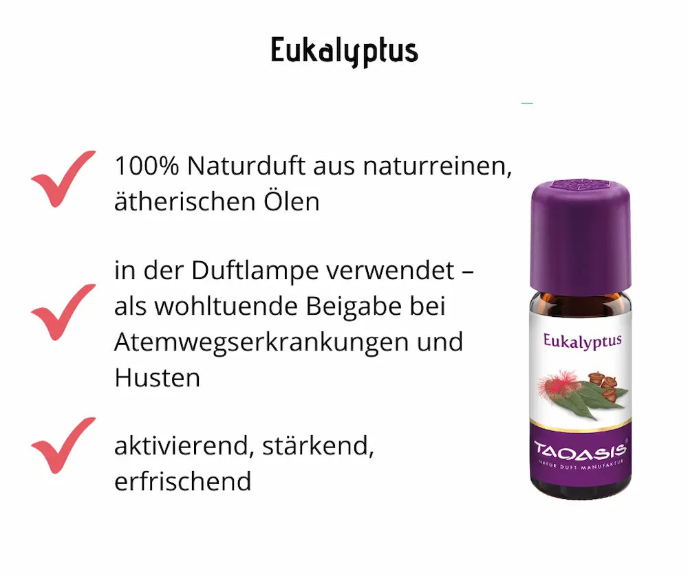 Eukalyptus ätherisches Öl von Taoasis in brauner Flasche mit violettem Deckel, Infografik mit Hinweisen zu Naturduft und Anwendung in der Duftlampe