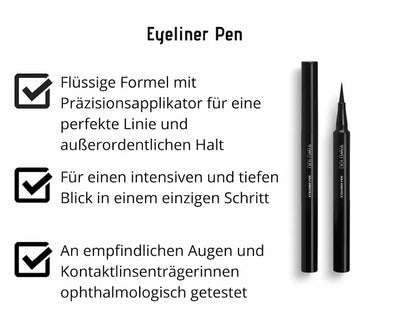 Eyeliner Pen von Dolomia in Schwarz mit Präzisionsapplikator, Infografik mit Merkmalen zu Formel, Halt und Verträglichkeit