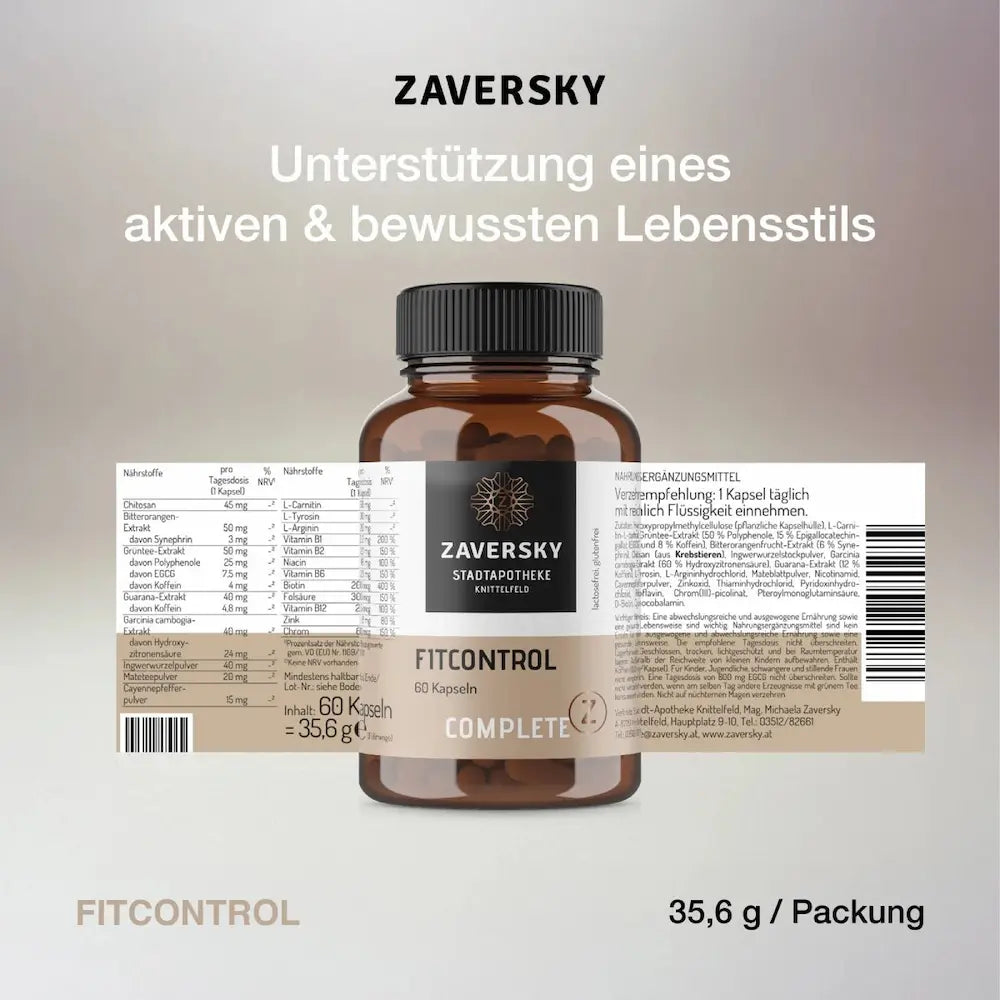 Zaversky FitControl Complete Nahrungsergänzungsmittel in braunem Glas mit 60 Kapseln, daneben ausgerolltes Etikett mit Nährstoffangaben.