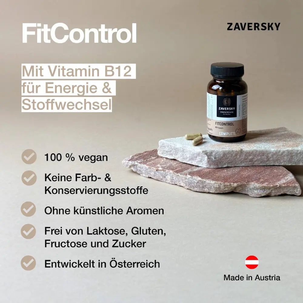 FitControl Complete von Zaversky, 60 Kapseln im Braunglas auf Steinplatten, mit Vitamin B12 für Energie und Stoffwechsel, vegan, Made in Austria.