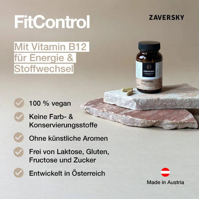 FitControl Complete von Zaversky, 60 Kapseln im Braunglas auf Steinplatten, mit Vitamin B12 für Energie und Stoffwechsel, vegan, Made in Austria.