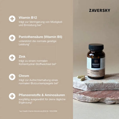  Zaversky FitControl Complete 60 Kapseln in brauner Glasdose mit Übersicht der Inhaltsstoffe Vitamin B12, B5, Zink, Chrom und Pflanzenstoffe.