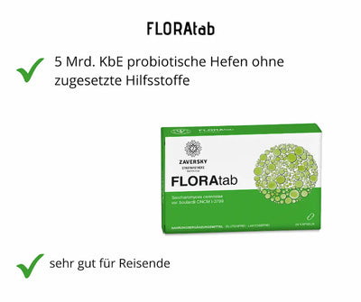 FLORAtab Verpackung mit 24 Kapseln Saccharomyces cerevisiae var. boulardii, glutenfrei und laktosefrei, 5 Mrd. KbE probiotische Hefen, gut für Reisende.