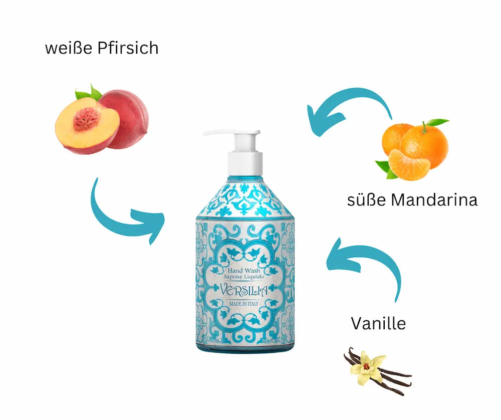 Flüssige Handseife Versilia in dekorativer Pumpflasche mit blau-weißem Ornamentmuster, umgeben von Duftnoten weißer Pfirsich, süße Mandarine und Vanille.