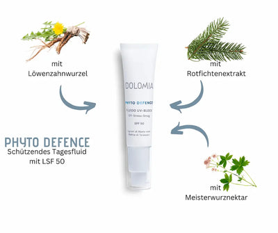 Dolomia Phyto Defence Tagesfluid LSF 50 in weißer Tube mit Spender, umringt von Löwenzahnwurzel, Rotfichtenextrakt und Meisterwurznektar
