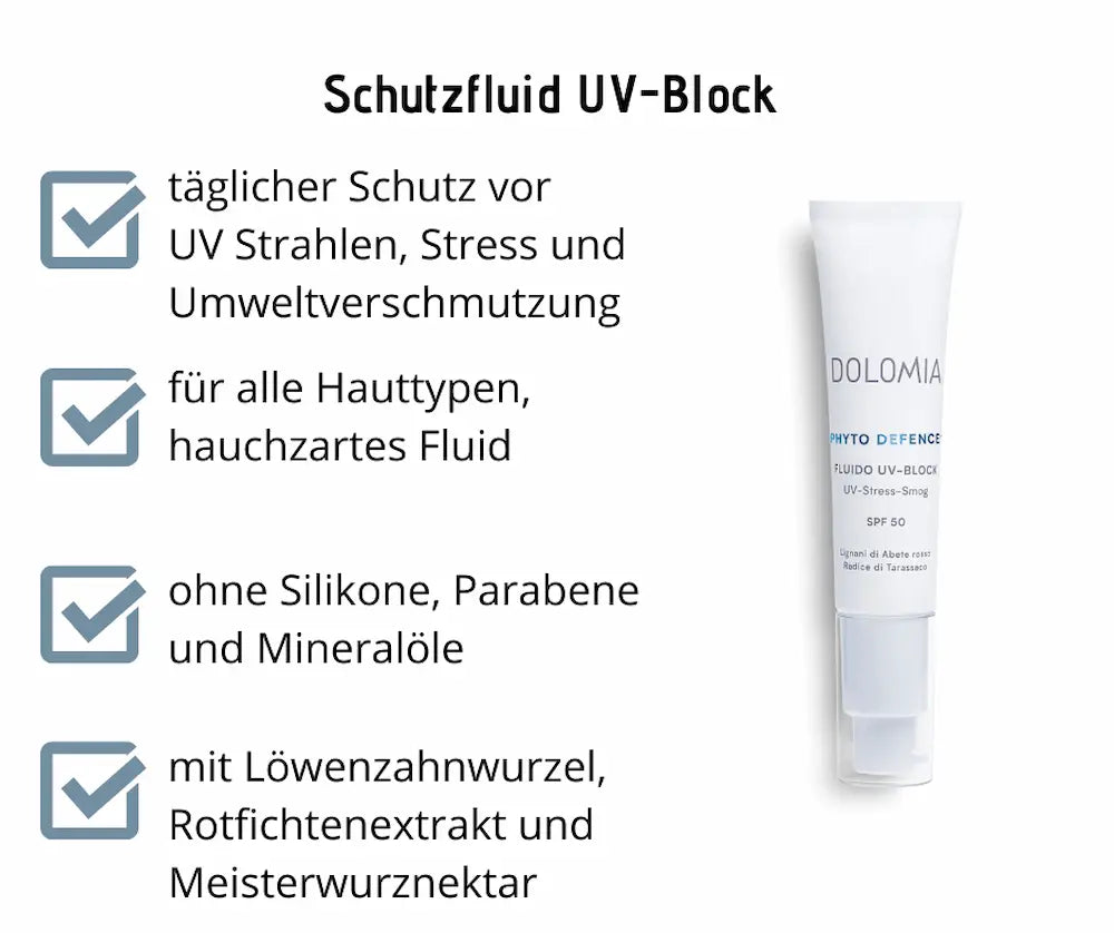 Dolomia Phyto Defence Fluido UV-Block SPF 50 mit Vorteilen: täglicher UV-Schutz, für alle Hauttypen, ohne Silikone und Parabene