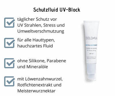 Dolomia Phyto Defence Fluido UV-Block SPF 50 mit Vorteilen: täglicher UV-Schutz, für alle Hauttypen, ohne Silikone und Parabene