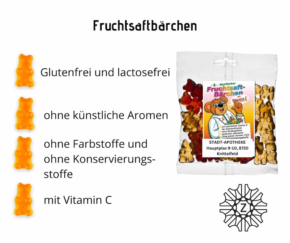 Fruchtsaftbärchen mit Vitamin C der Stadt-Apotheke, glutenfrei und lactosefrei, ohne künstliche Aromen, Farbstoffe und Konservierungsstoffe