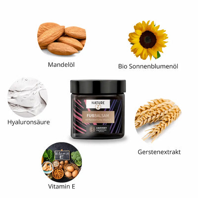 NATURE Z Fußbalsam mit Mandelöl & Bio Vitamin E im schwarzen Tiegel, umgeben von Inhaltsstoffen wie Sonnenblumenöl, Hyaluronsäure und Gerstenextrakt