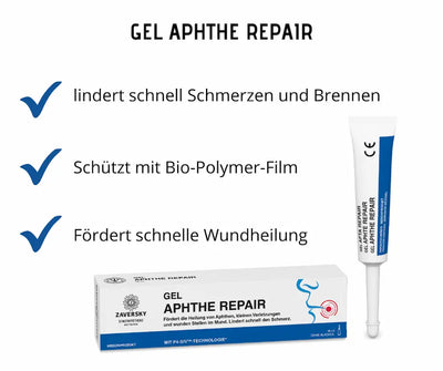 Gel Aphthe Repair von Zaversky mit Tube und Verpackung, Hinweise zu Schmerzlinderung, Bio-Polymer-Film und Wundheilung.