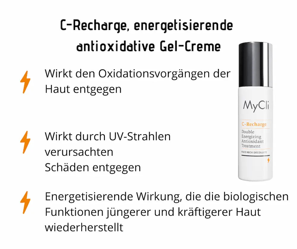 MyCli C-Recharge Double Energizing Antioxidant Treatment für Gesicht, Hals und Dekolleté in weißer Pumpflasche mit Infografik
